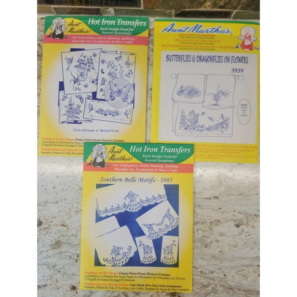 7 Vtg Aunt Martha's Hot Iron Embroidery Transfer Patterns Southern Belle Peacock